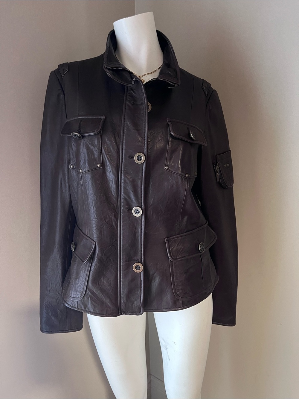 Danier Dark Brown Leather Button-Front Jacket